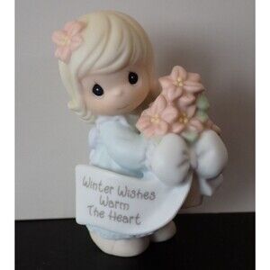 PRECIOUS MOMENTS "Winter Wishes Warm The Heart" Little Girl Bisque Figurine 2000